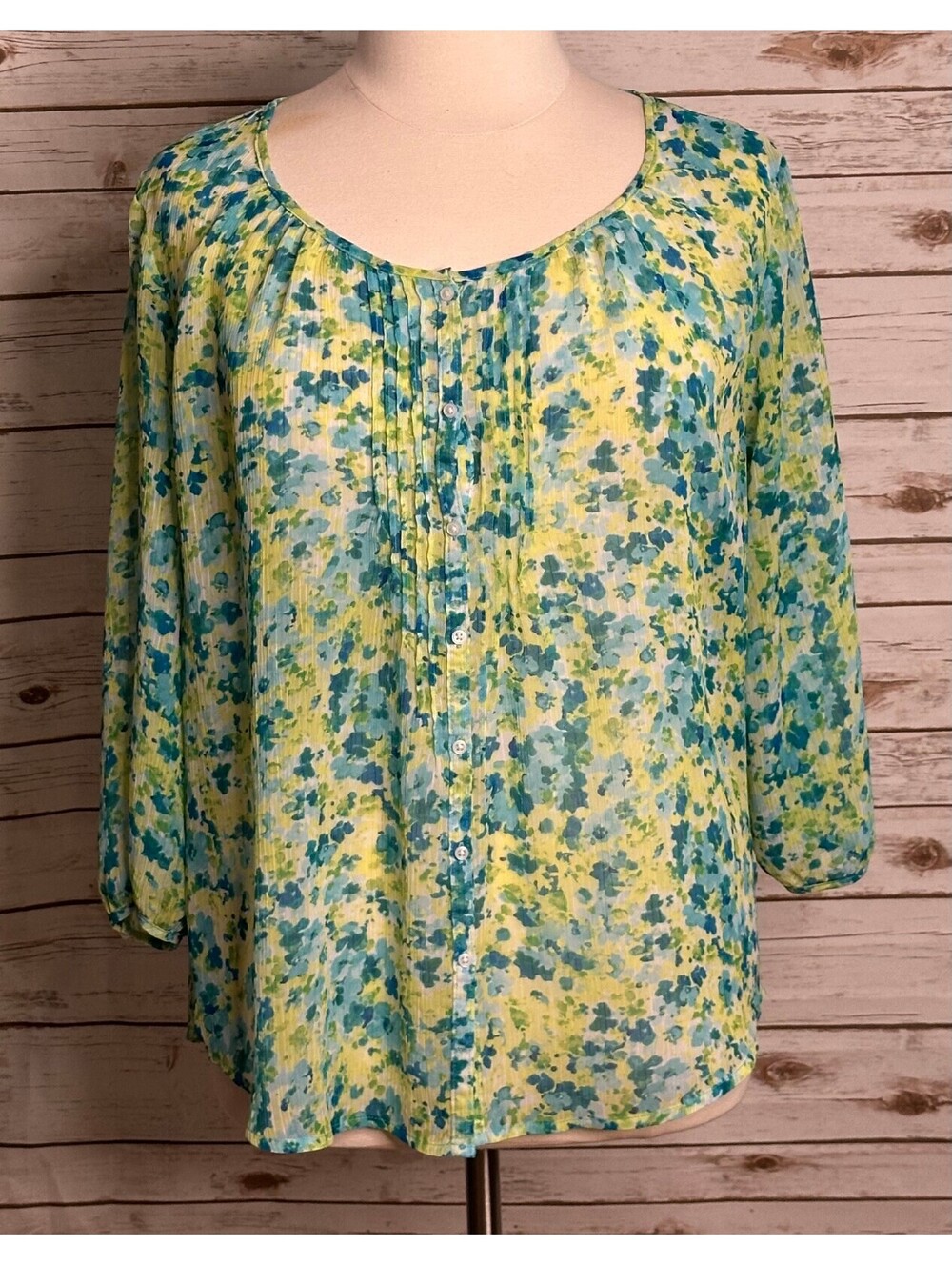 St John's Bay blue green floral 3/4 sleeve crinkle button-up peasant blouse 1X